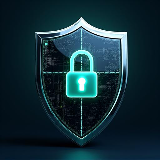 A futuristic digital shield with a padlock icon, symbolizing data security