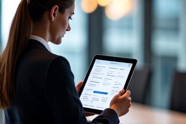 A professional in a corporate meeting room reviewing data on a tablet