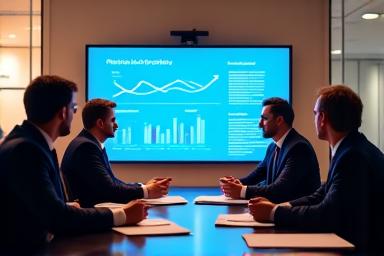 A team of lawyers collaborating around a large screen displaying case analytics